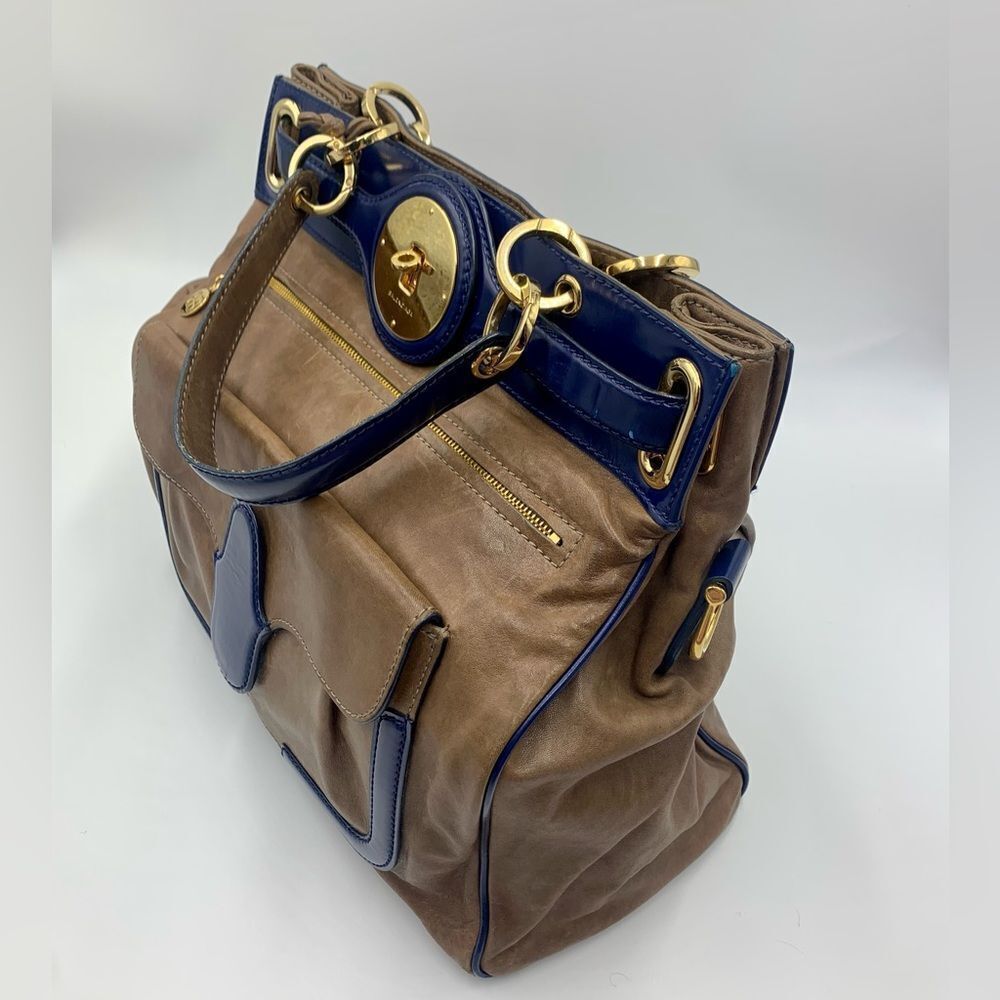 Auth Balenciaga Smooth Brown Leather Navy Patent Top Handle Moon Bag Preloved - Picture 9 of 14
